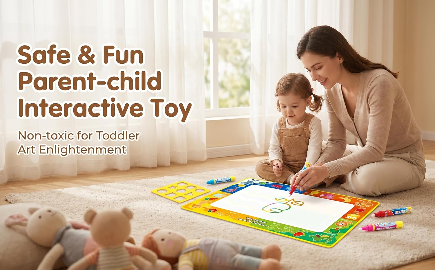 Text reads 'Safe &amp; Fun Parent-child Interactive Toy' and 'Non-toxic for Toddler 20+ Enlightenment.' Adult and child playing with colorful interactive mat/board game on floor.