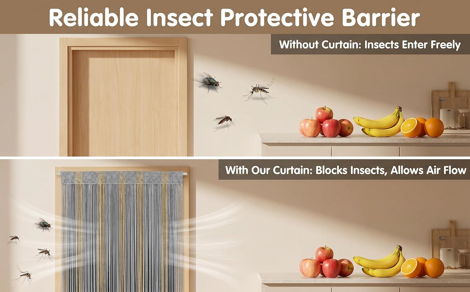 Text reads 'Reliable Insect Protective Barrier' and 'Mesh size: 0.6mm Blocks insects, keeps fresh'. Kitchen shelf with fresh produce, white mesh screen installed.