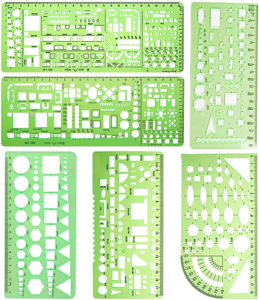 6 Pieces Plastic Measuring Templates Stencils Drawing Rulers for Office