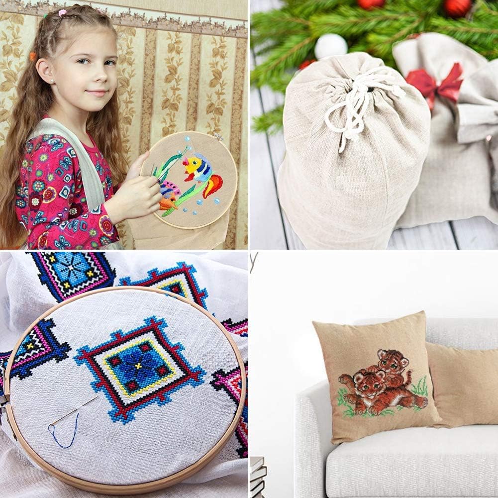 Composite of four images showcasing embroidery and textile crafts: colorful hoop embroidery, linen gift bags, geometric cross-stitch pattern in hoop, and embroidered throw pillow with animal design.