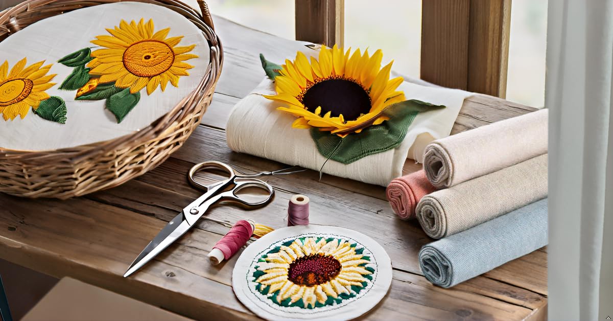 a table with a sunflower and some sewing thread.
