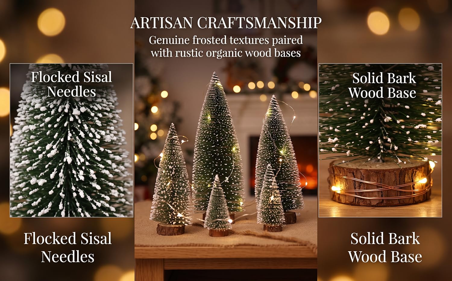 Text reads 'ARTISAN CRAFTSMANSHIP' with 'Lavender Infused Soothing Scent' and 'Eco-Friendly Made Wood Base' below. Four product images show: Flocked Seal Novelties, Solid Bark Wood Base (two variants), and candles with festive decorations on wooden surfaces.