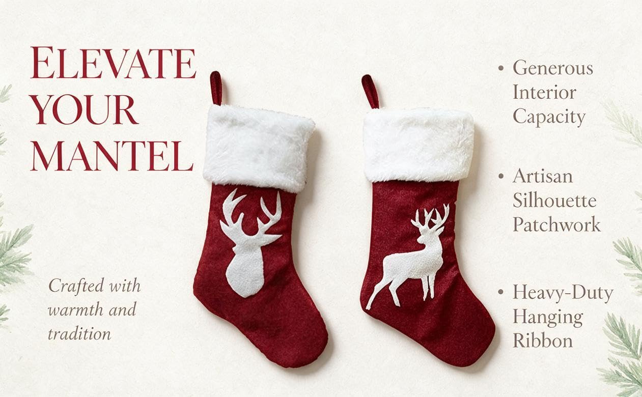 Text reads 'ELEVATE YOUR MANTEL', 'Generous Interior Capacity', 'Artisan Stitched Patchwork', 'Heavy-Duty Woven Ribbon'. Two red and white knit Christmas stockings with reindeer embroidery displayed.