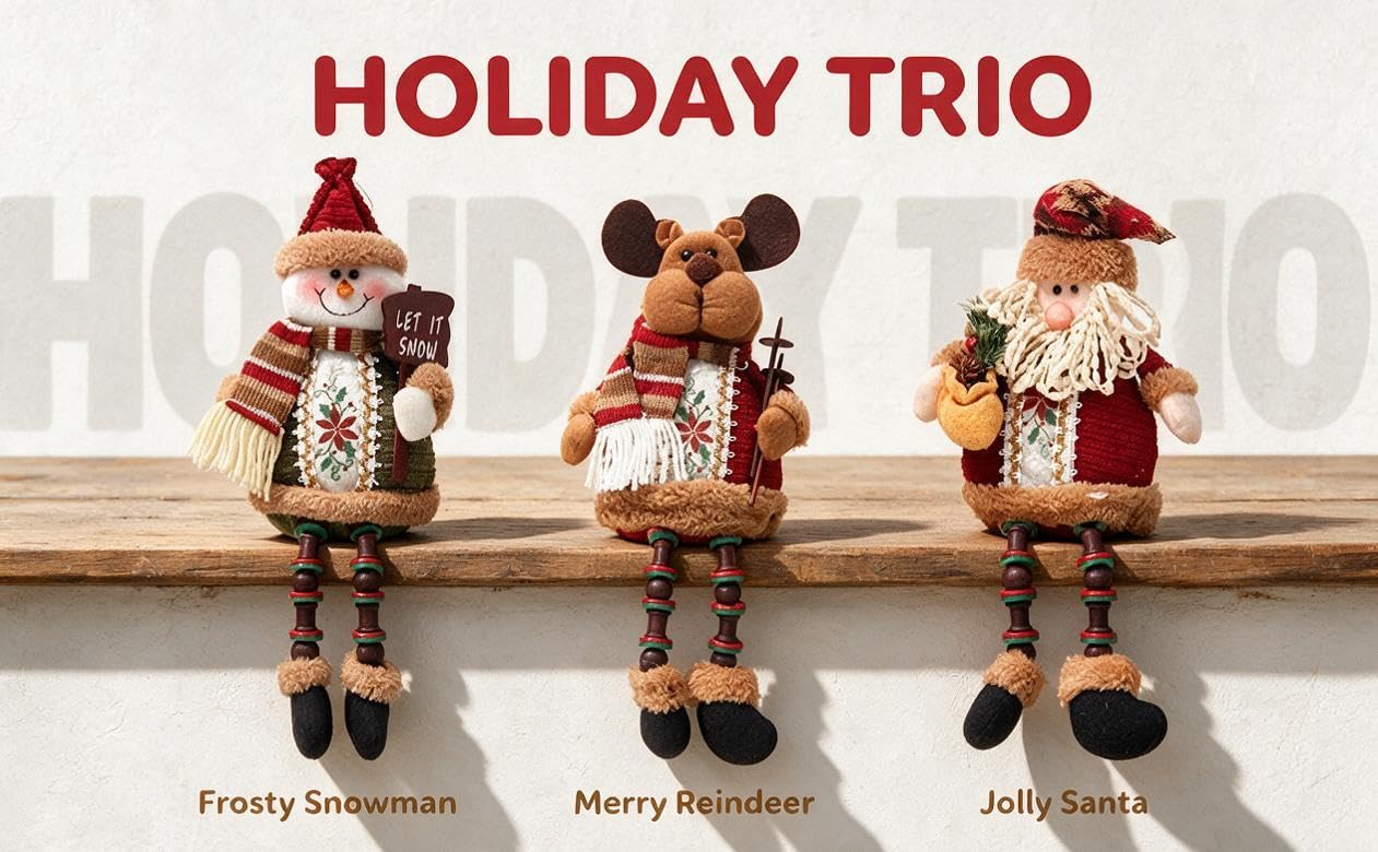 Text reads "HOLIDAY TRIO." Three decorative wooden nutcracker figurines dressed in festive attire including Santa, snowman, and checkered outfits arranged on wooden surface for holiday display.