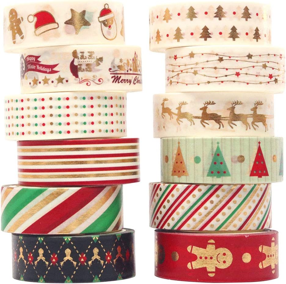 Christmas Washi Tape Set 12 Rolls Gold Masking Tape Pack Colorful Decorative Thin Tapes…