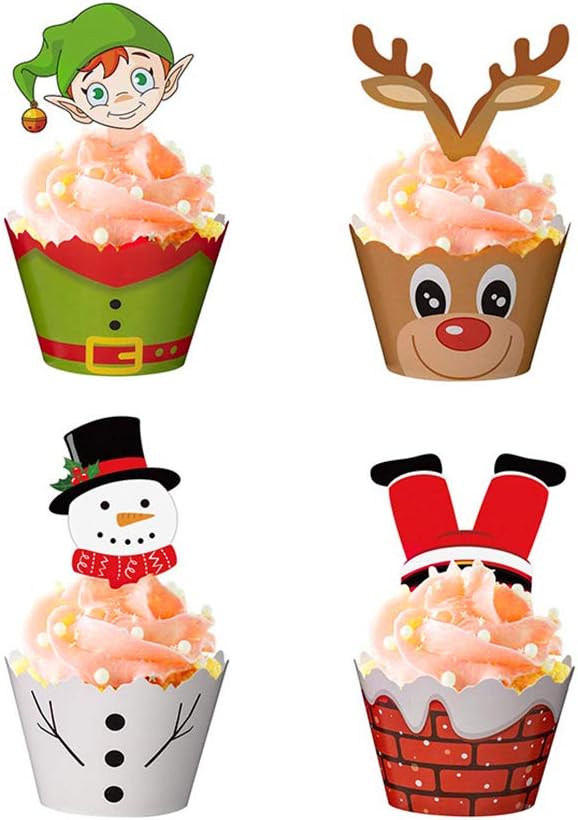 Christmas Cupcake Toppers and Wrappers 72 Pcs Xmas Party Supplies Favors, Snowman Santa…