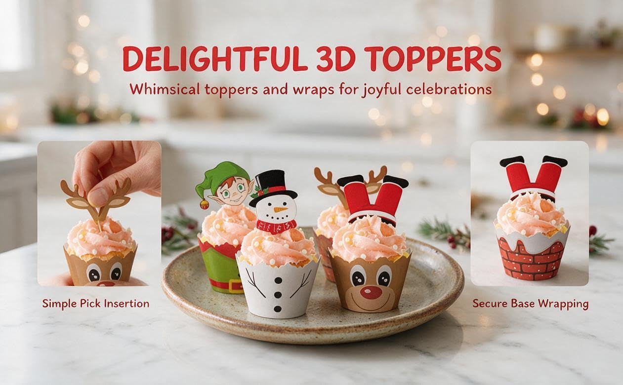 Text reads 'DELIGHTFUL 3D TOPPERS' and 'Whimsical toppers and wraps for joyful celebrations'. Four decorative 3D cake topper designs displayed on plate: snowman, gingerbread person, reindeer, and wrapped gift designs.