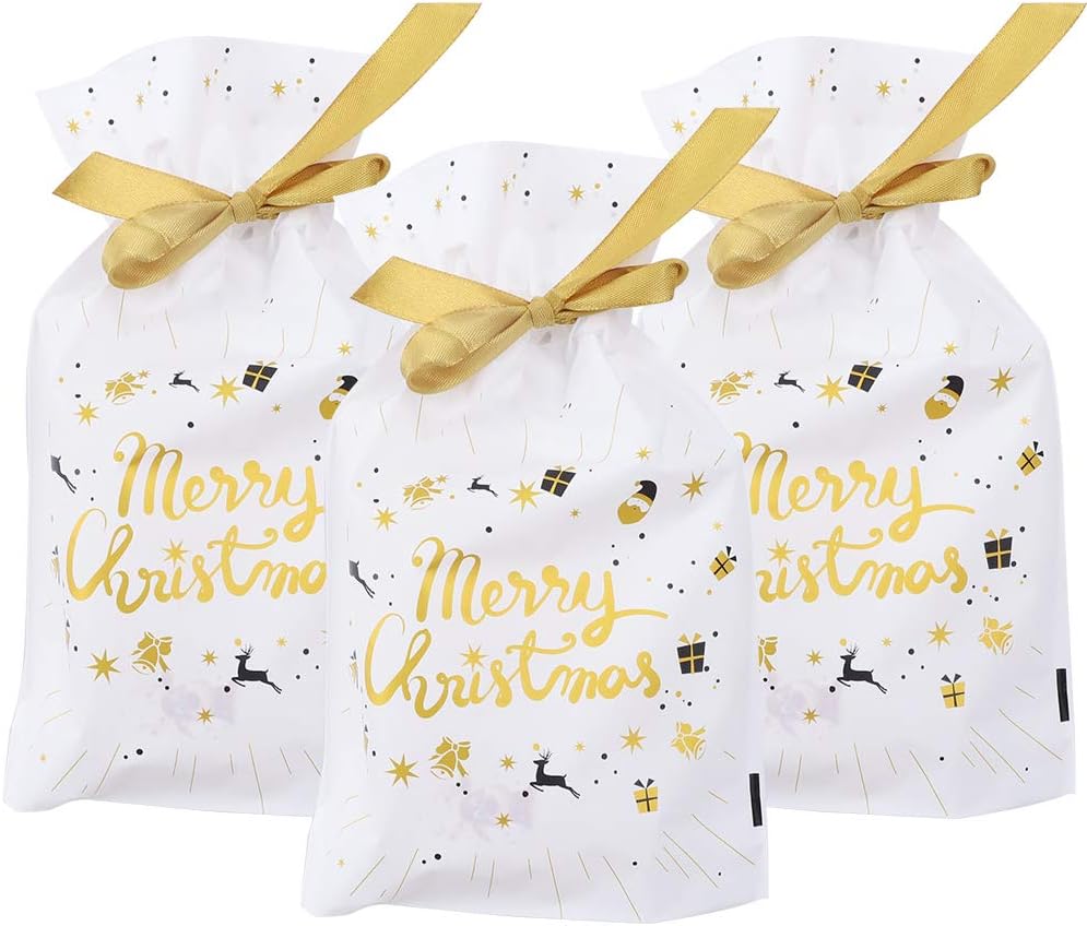 Gold Merry Christmas 50 Pcs Xmas Tree Gift Wrapping Bags - Present Package Bags Plastic…