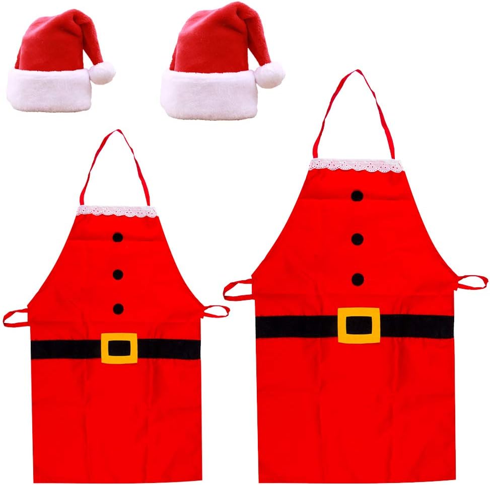 Christmas Apron Santa Hats Set 4Pcs Kitchen Aprons Unisex Classic Red Christmas Hat Santa…
