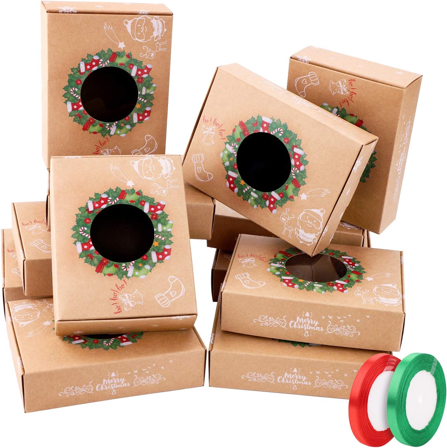 12Pcs Christmas Cookie Boxes With Window and 2 Roll Ribbon - Kraft Paper Dessert Gift Box…