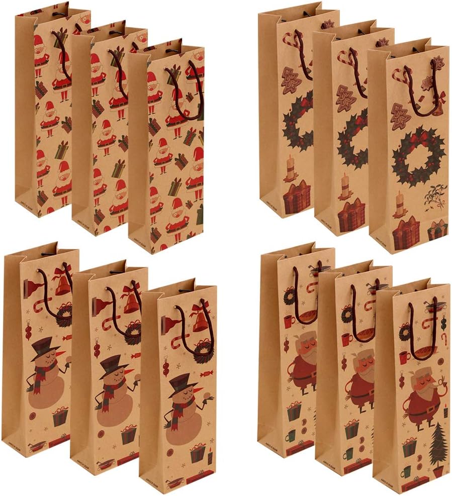 Wine Bottle Bags 12 Pack Christmas Kraft Paper Bottle Covers Bags Xmas Wine Gift Bags for…