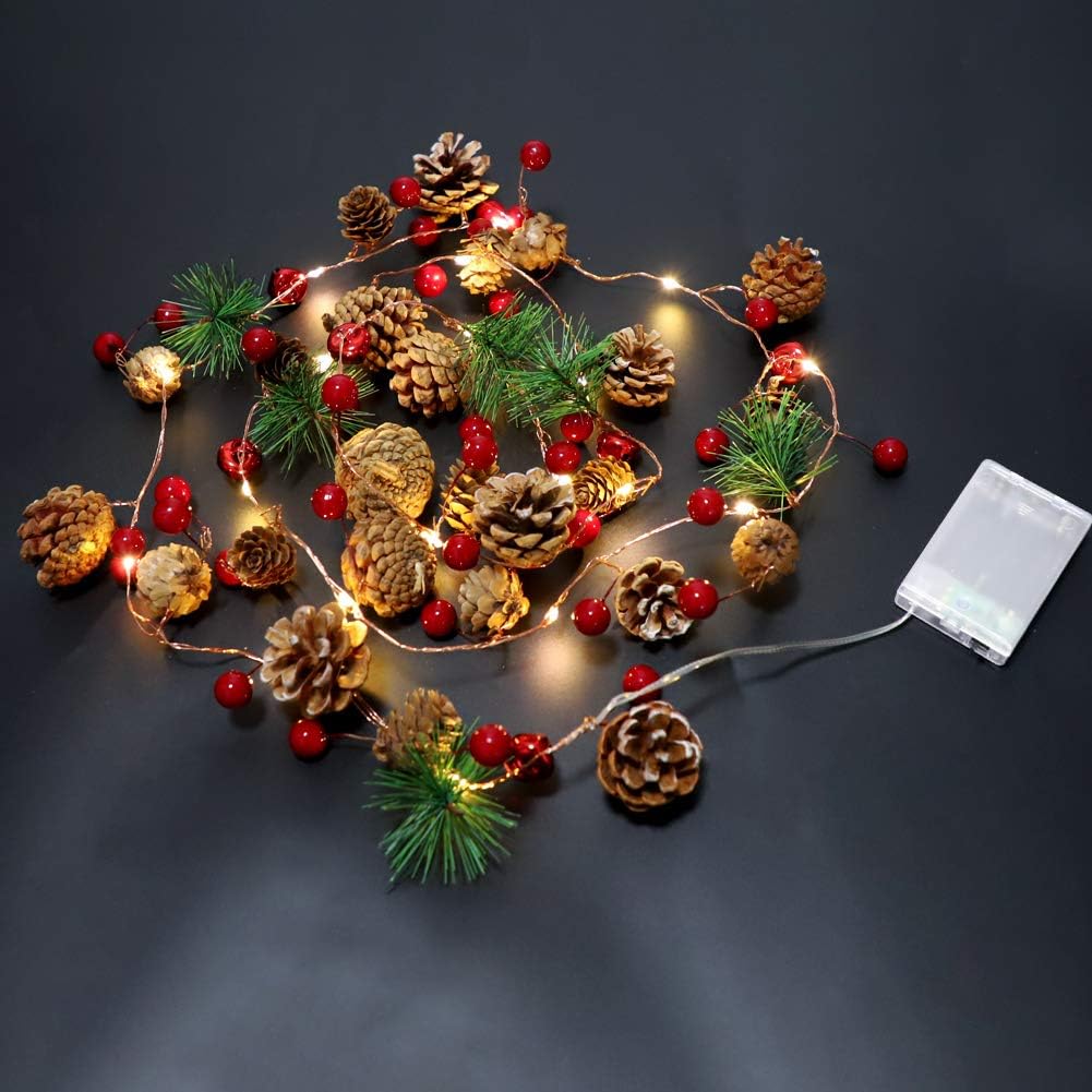 Christmas String Light 6.56 Ft Pinecone Red Berry Bell Xmas Garland Fairy Lights with…