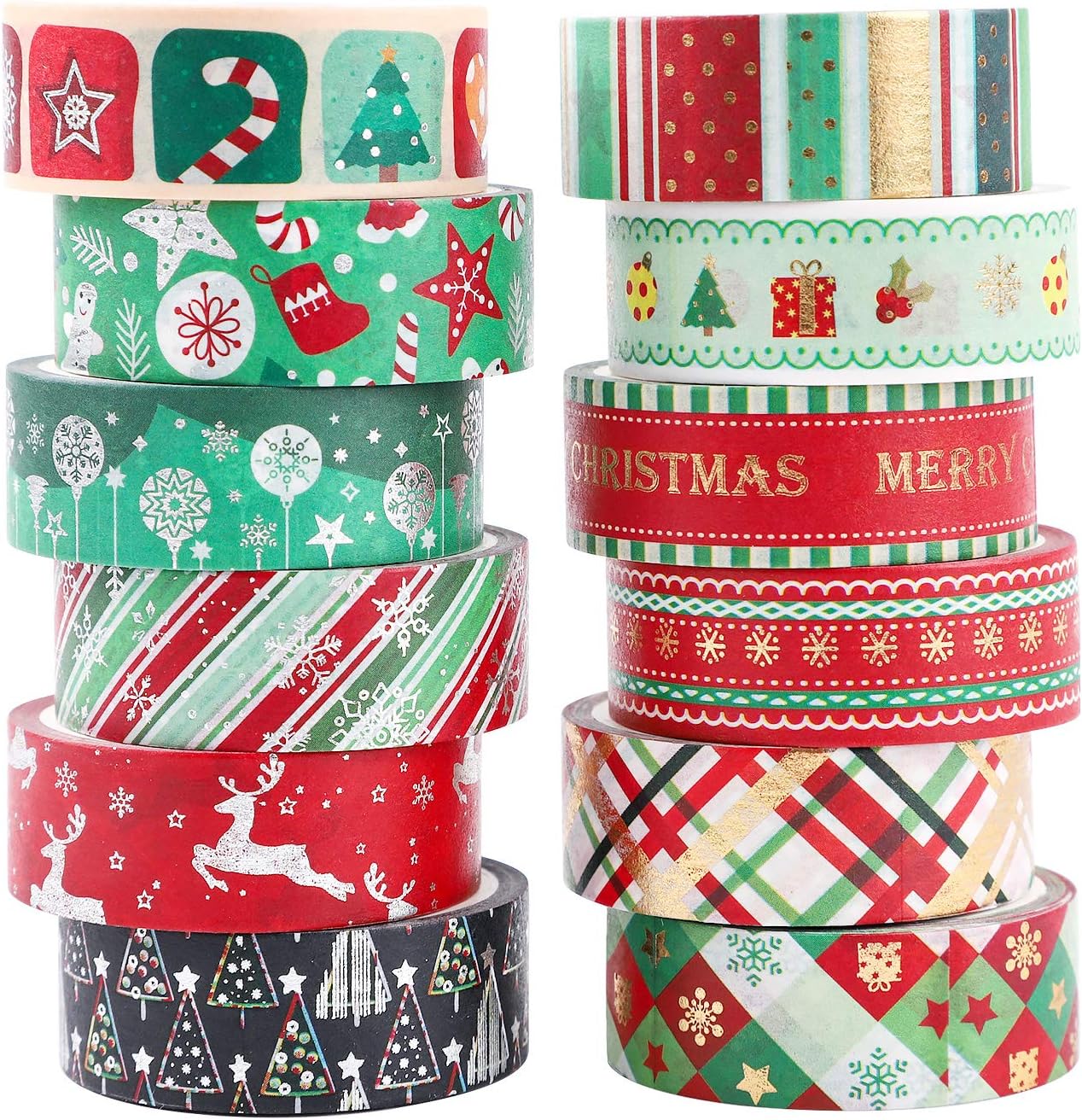 Christmas Washi Tape Set 12 Rolls Gold Silver Foil Masking Tape Pack Colorful Decorative…