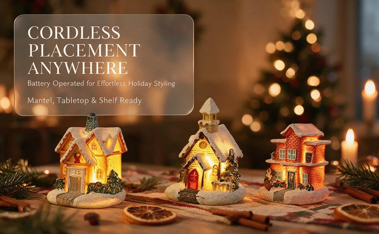 Text reads "CORDLESS PLACEMENT ANYWHERE" and "Perfect for any home, any room, any time of year." Illuminated decorative miniature gingerbread house displays with warm lighting on dark surface.