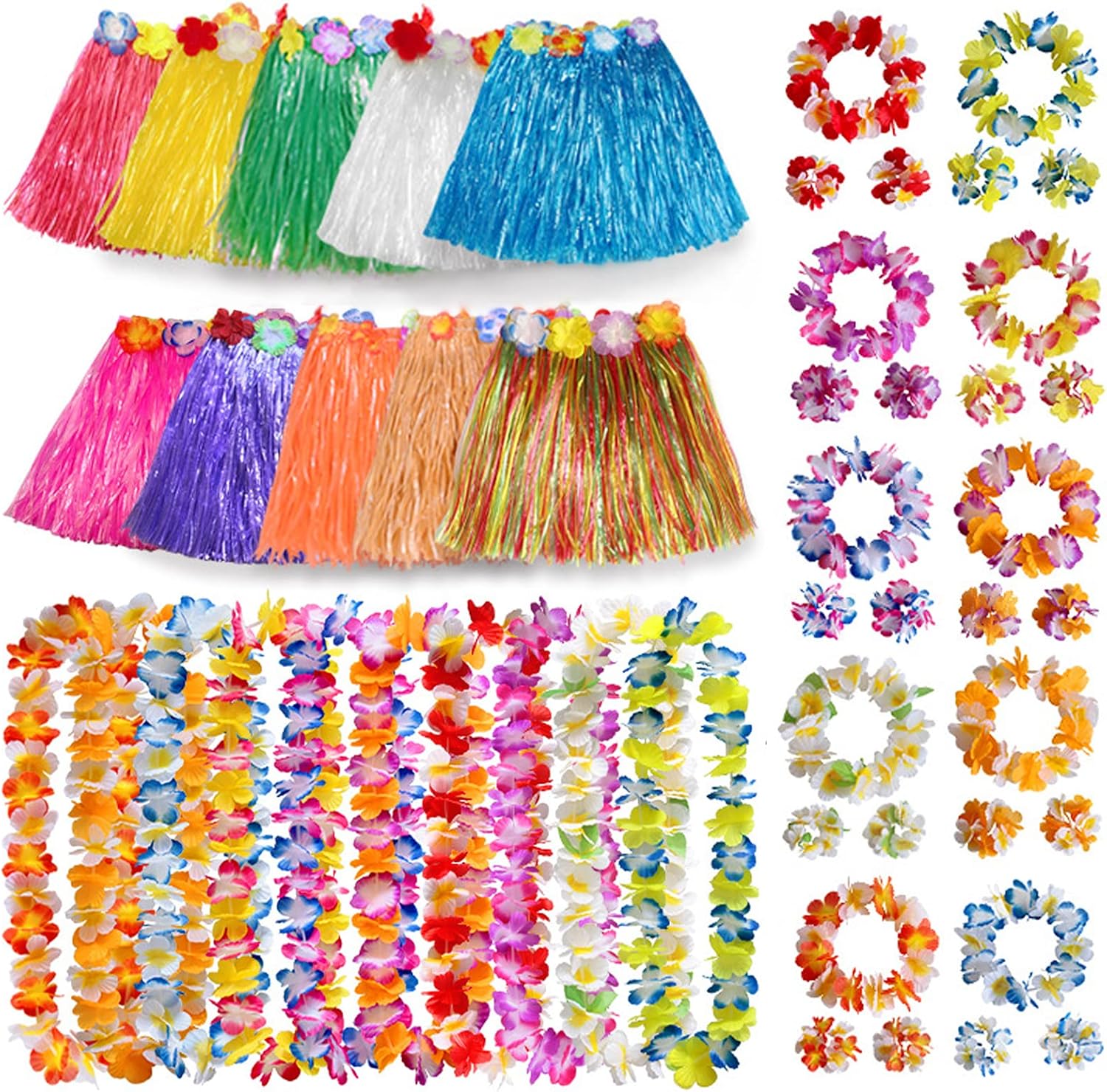 40Pcs Hawaiian Fancy Dress Set with 8Pcs Hawaiian Leis,8Pcs 40cm Hula Grass Skirt,8Pcs…