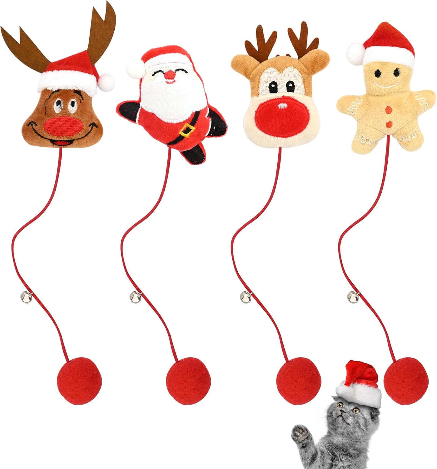 Christmas Cat and Dog Toys Set - 4 Pcs Small Kitten Toys With Bell, Red Ball, Santa…
