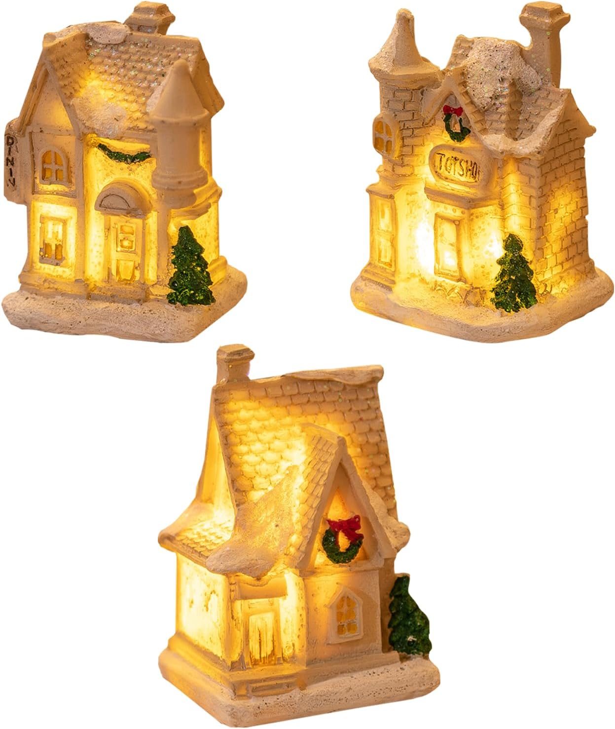 Christmas Village Houses Set 3Pcs LED Light Up Christmas Ornament Kits Christmas Resin…