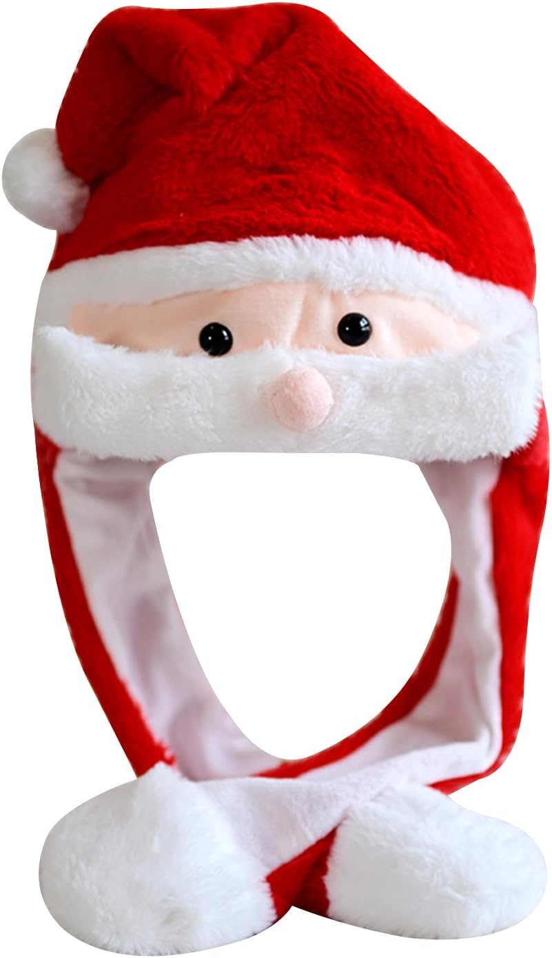 Vidillo Santa Hats Plush Moving Ear Hat Christmas Santa Hat Unisex Red Thickened Winter…