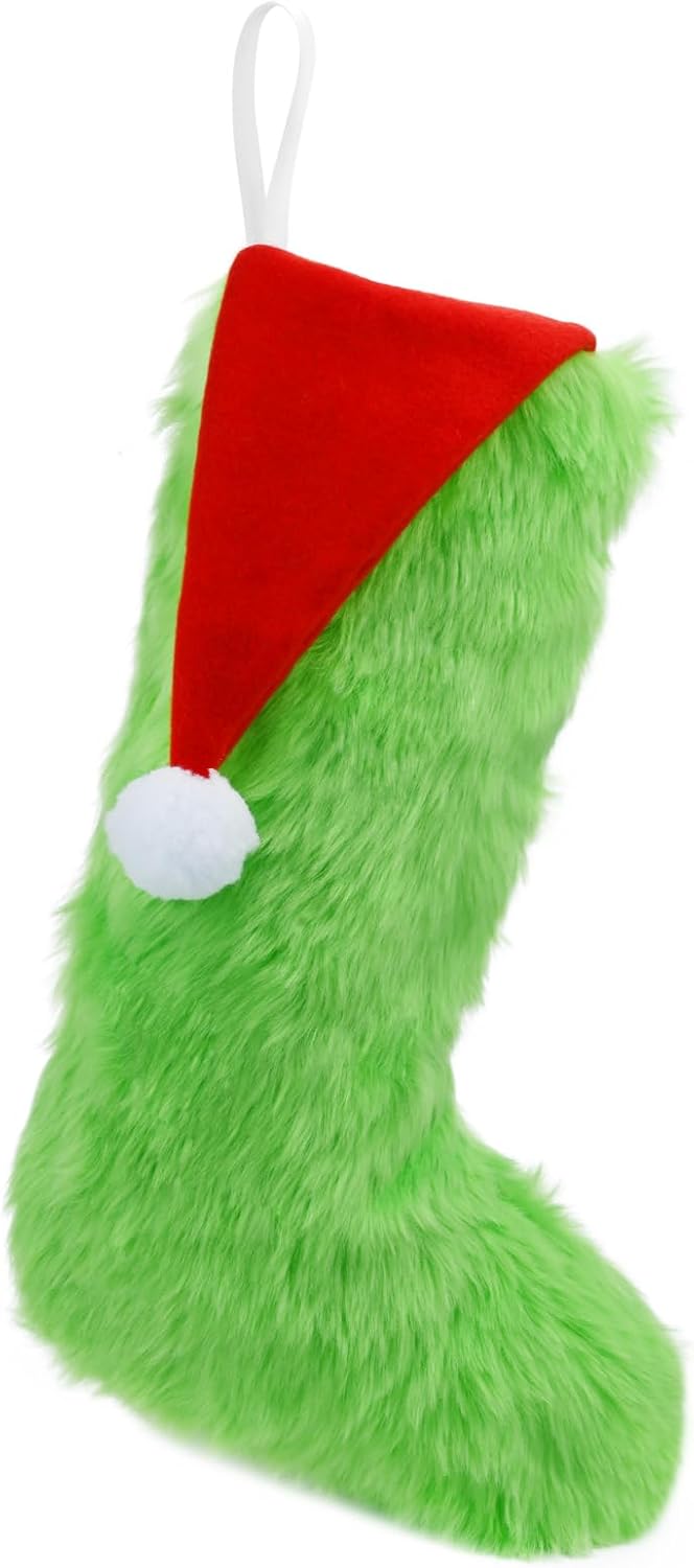 Christmas Stocking Grinch Green Stocking with Hat Large Plush Hanging Santa Xmas Stocking…