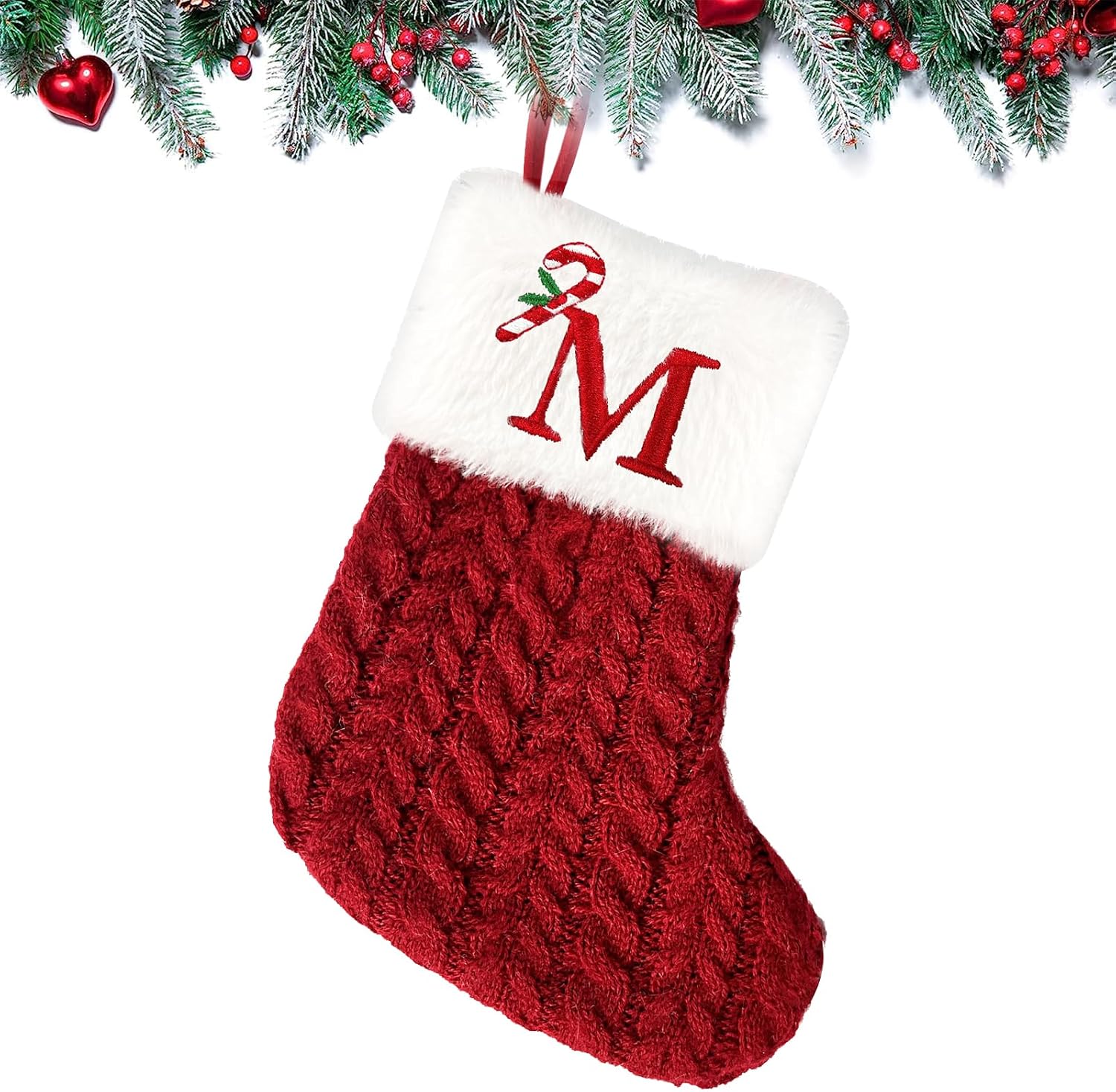 Christmas Stockings 7.9 inch Personalised Knitted Stocking with Letter Monogram Xmas Stockings Red Christmas Stockings Plush Cuff Hanging Stockings Gifts Holding for Xmas Tree Holiday Ornament (M)