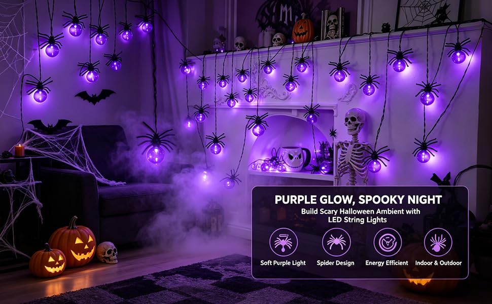 Text reads 'PURPLE GLOW, SPOOKY NIGHT'. Halloween-themed scene with purple glowing hanging decorations, pumpkins, fog effect, and control icons for adjustable settings displayed at bottom.