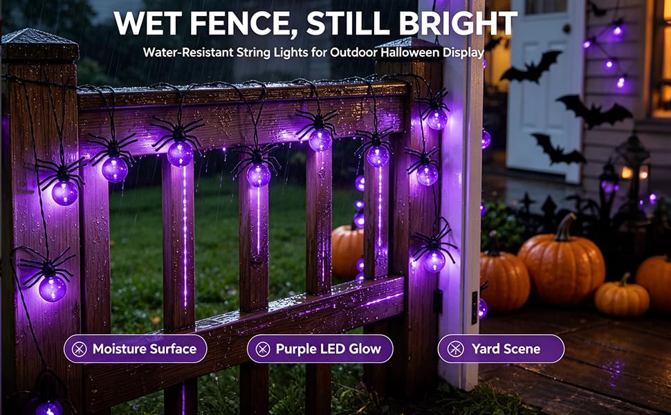 Text reads 'WET FENCE, STILL BRIGHT', 'Water-Resistant String Lights For Outdoor Hardscaping', 'Moisture Surface', 'Purple LED Glow', 'Yard Scene'. Purple LED string lights installed around outdoor patio posts with Halloween decorations.