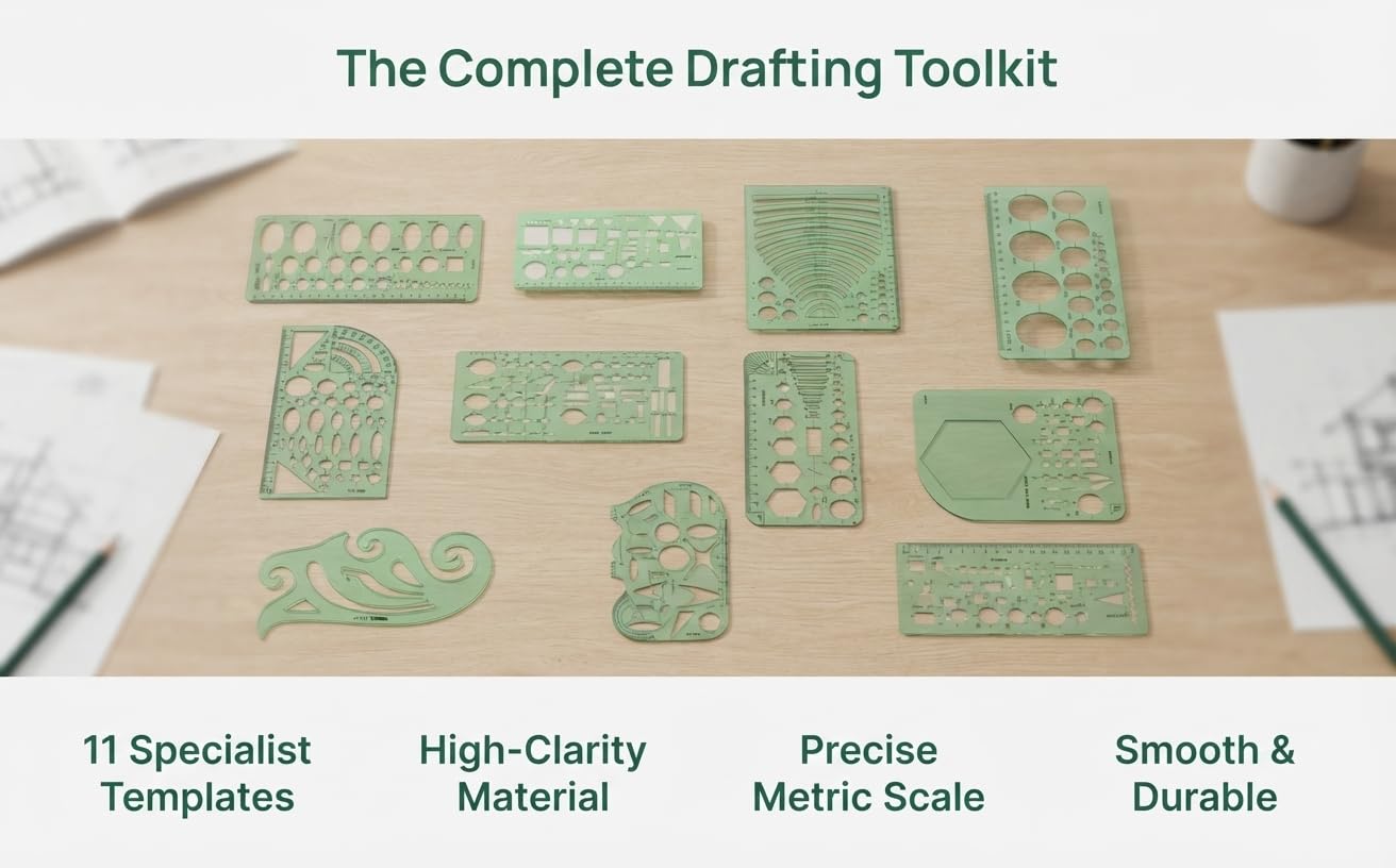 Text reads 'The Complete Drafting Toolkit', '11 Specialist Templates', 'High-Quality Materials', 'Precise Micro-Scale', 'Smooth &amp; Durable'. Green stencil templates and drafting tools arranged on kraft paper workspace.