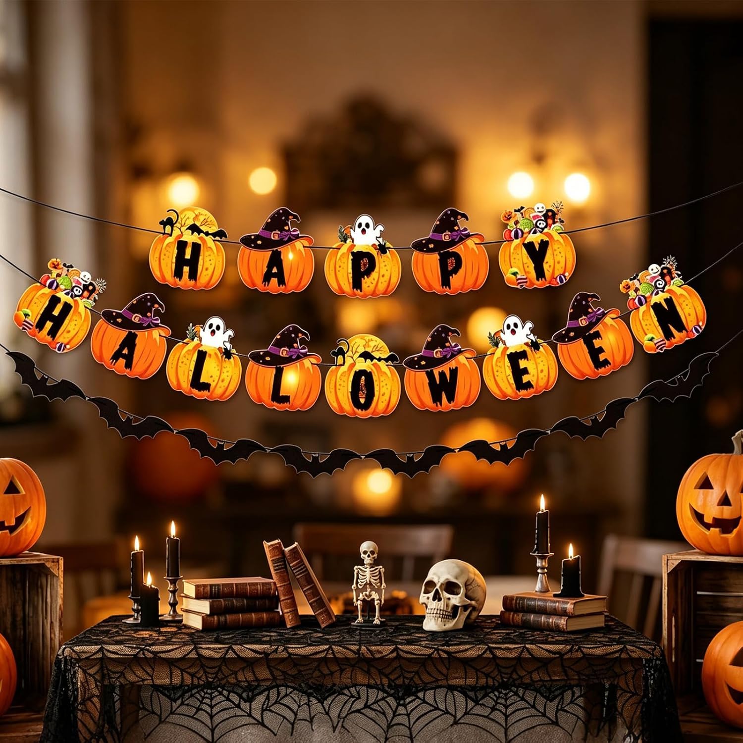 Halloween Party Decorations Banner Pumpkin Bat Bunting for Indoor Outdoor