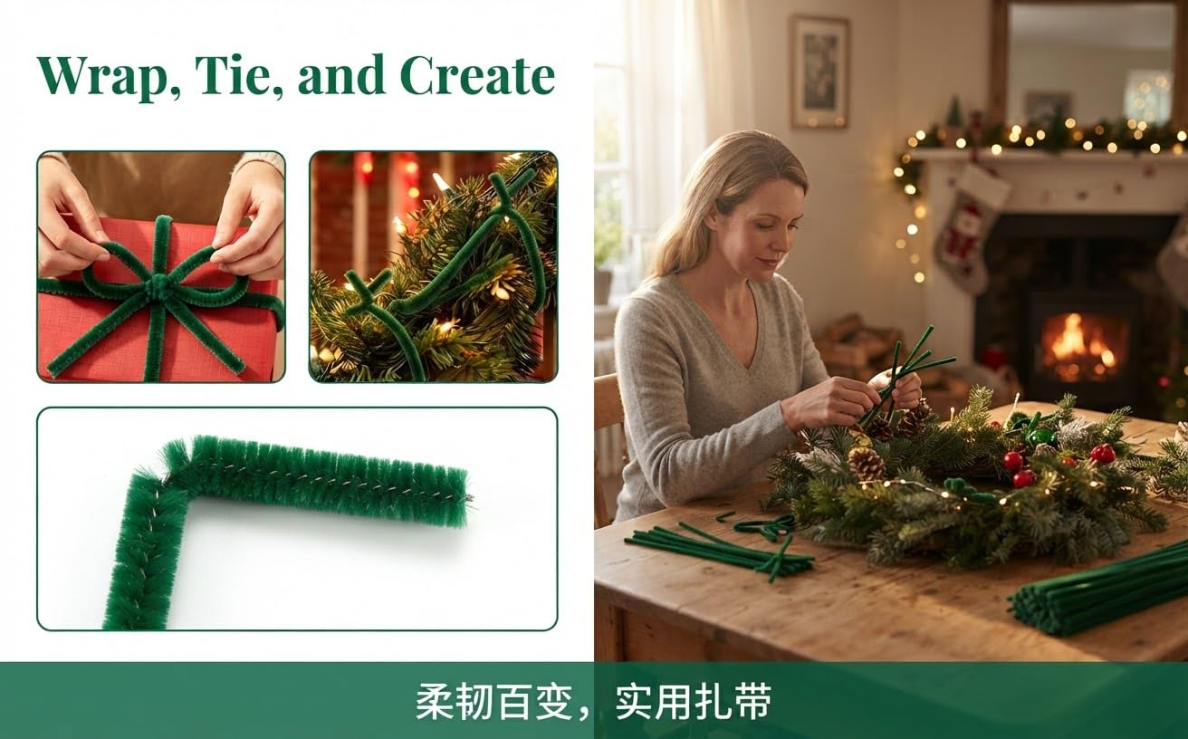 Text reads "Wrap, Tie, and Create" with "" (Japanese text). Festive wrapping supplies shown: red and green ribbon spools, wrapped gift, and green fabric material on holiday background.