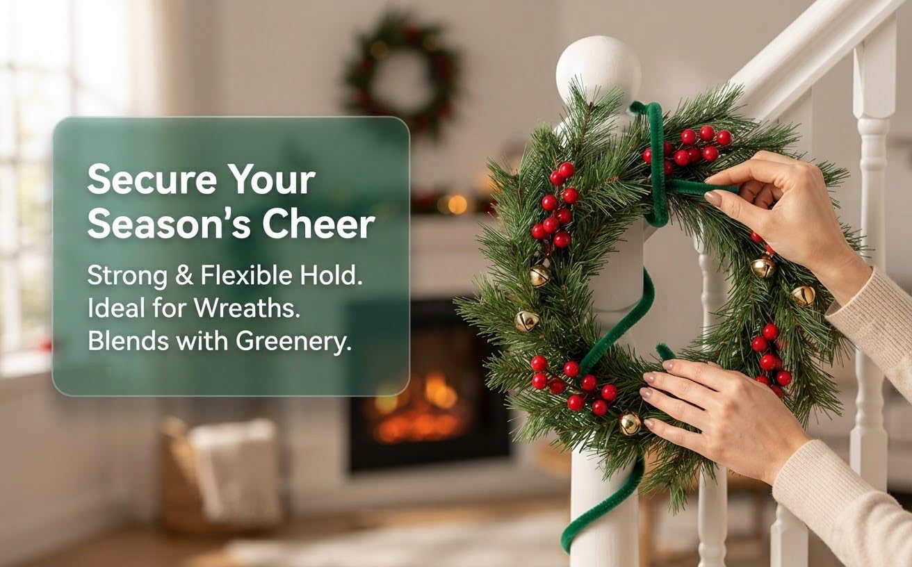 Text reads 'Secure Your Season's Cheer Strong &amp; Flexible Hold. Ideal for Wreaths. Blends with Greenery.' Hands holding and arranging festive wreath with greenery and red berries near fireplace mantel.