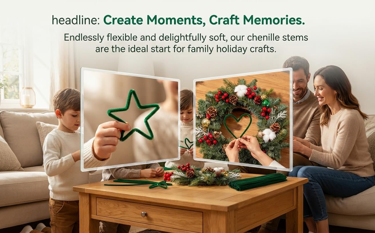 Text reads 'headline: Create Moments, Craft Memories. Endlessly flexible and delightfully soft, our chenille stems are the ideal start for family holiday crafts.' Three images showing hands crafting with chenille stems: creating star shapes, decorating wreaths, and making holiday crafts on wooden surface.