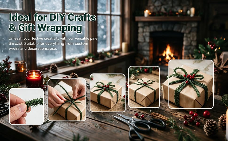 Text reads 'Ideal for DIY Crafts &amp; Gift Wrapping'. Split-panel image showing craft supplies and wrapped gift boxes decorated with gold ribbon on holiday-themed table setting.