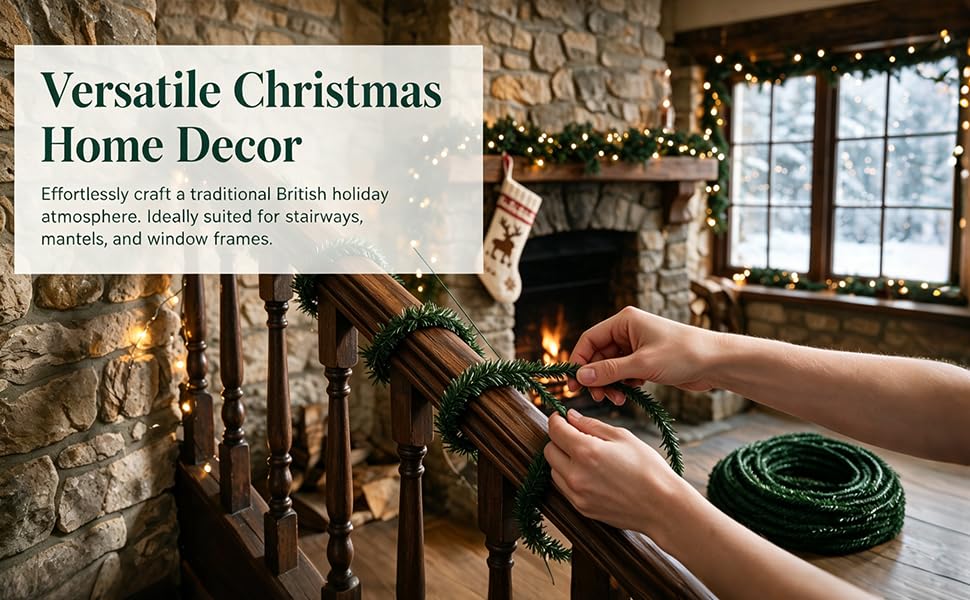 Text reads "Versatile Christmas Home Decor" and "Effortlessly craft a traditional British holiday atmosphere. Ideally suited for modern homes." Hands arranging dark greenery and decorative wreath with green velvet bow on white mantelpiece.