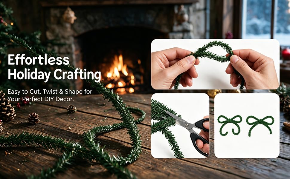 Text reads 'Effortless Holiday Crafting' and 'Easy to Stick, Twist &amp; Togez for Holiday Fun Ahead'. Composite showing evergreen branches with lights, white container with green bow decorations, and close-up of small green bow ornaments.