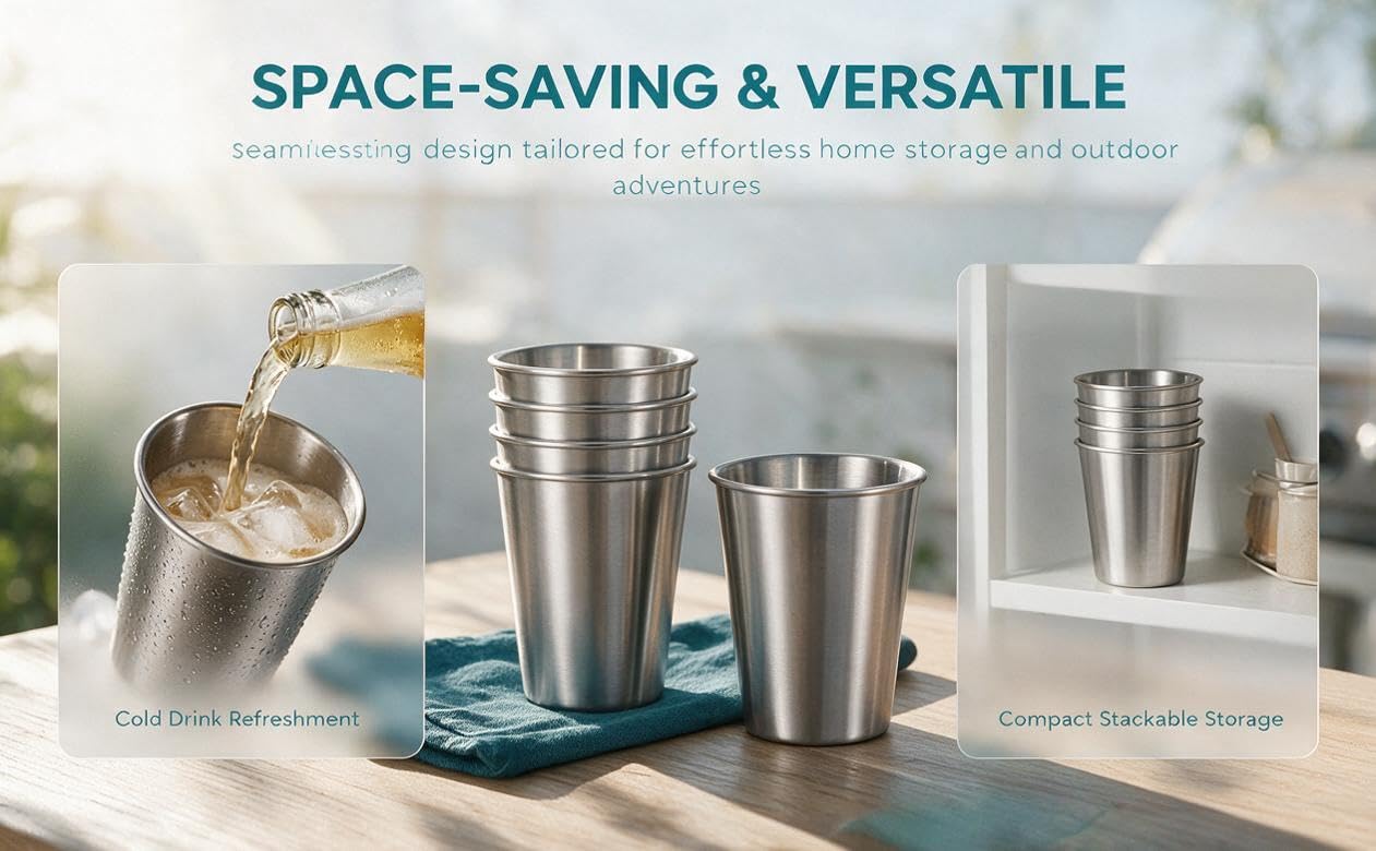 Text reads 'SPACE-SAVING &amp; VERSATILE' with subtitle about smart design. Three stainless steel travel mugs shown in different sizes on blue mat. Product demonstrates compact storage and versatile usage options.
