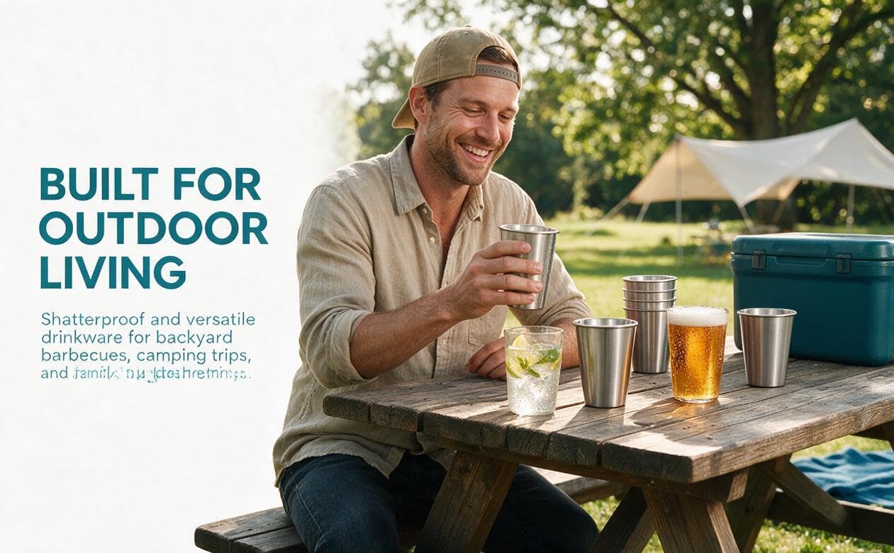 Text reads 'BUILT FOR OUTDOOR LIVING' and describes weather-proof, durable construction for barbecues, camping trips, and garden use. Outdoor furniture or product being demonstrated by man in casual setting with beverages and outdoor environment.