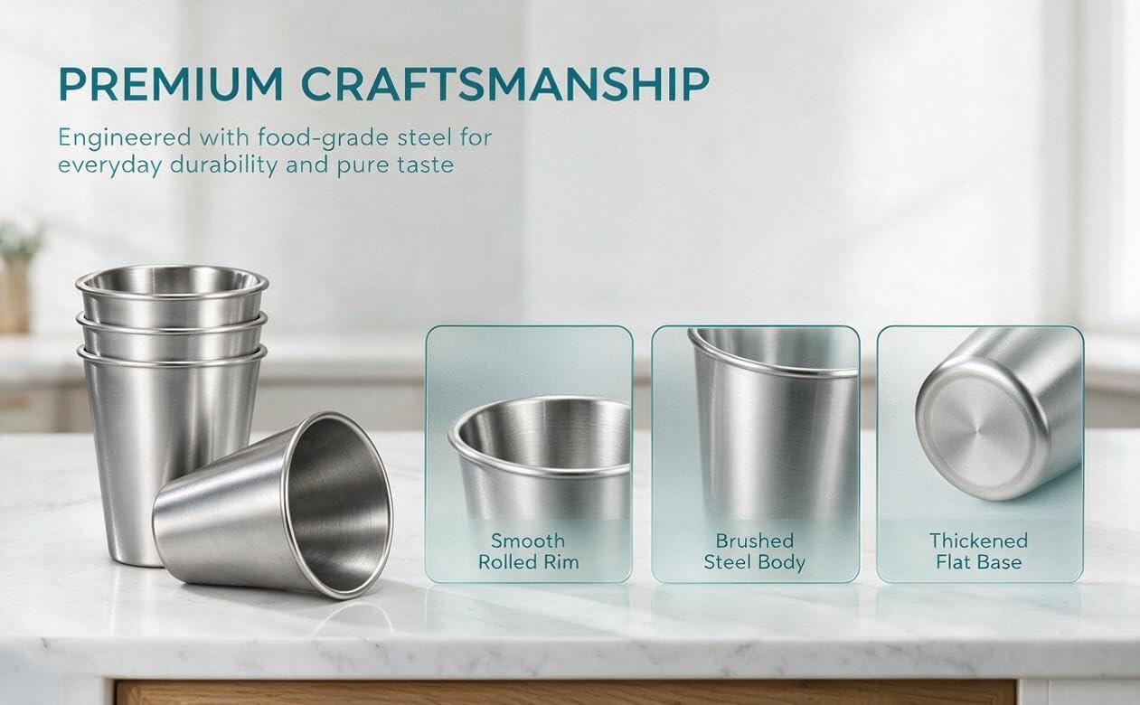 Text reads "PREMIUM CRAFTSMANSHIP" and "Engineered with food-grade stainless steel for everyday durability and pure taste". Set of four stainless steel measuring cups in graduated sizes.