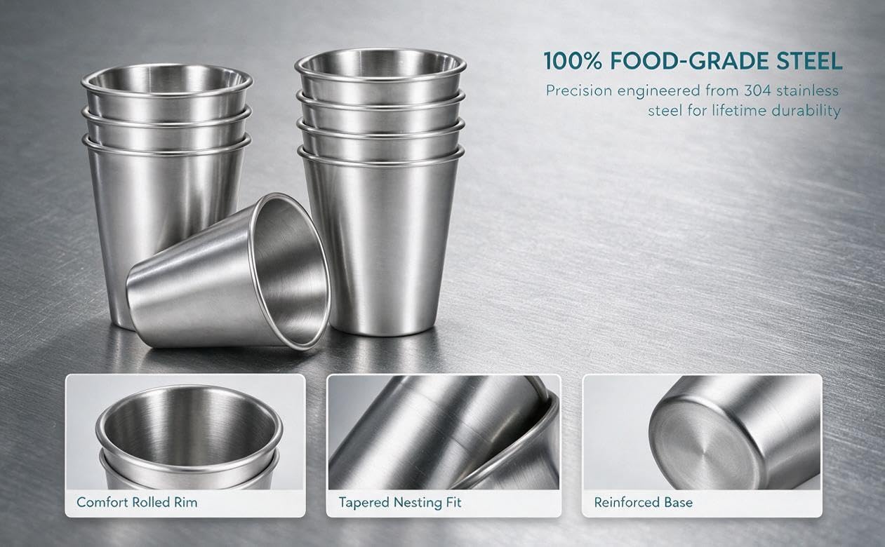 Text reads '100% FOOD-GRADE STEEL' with product line phrase below. Three stainless steel drinking cups/tumblers shown from different angles displaying interior, exterior, and base construction details.