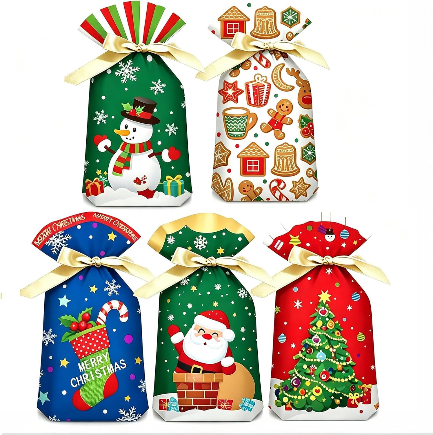 50pcs Christmas Drawstring Gift Bags Plastic Wrapping Bags for Presents