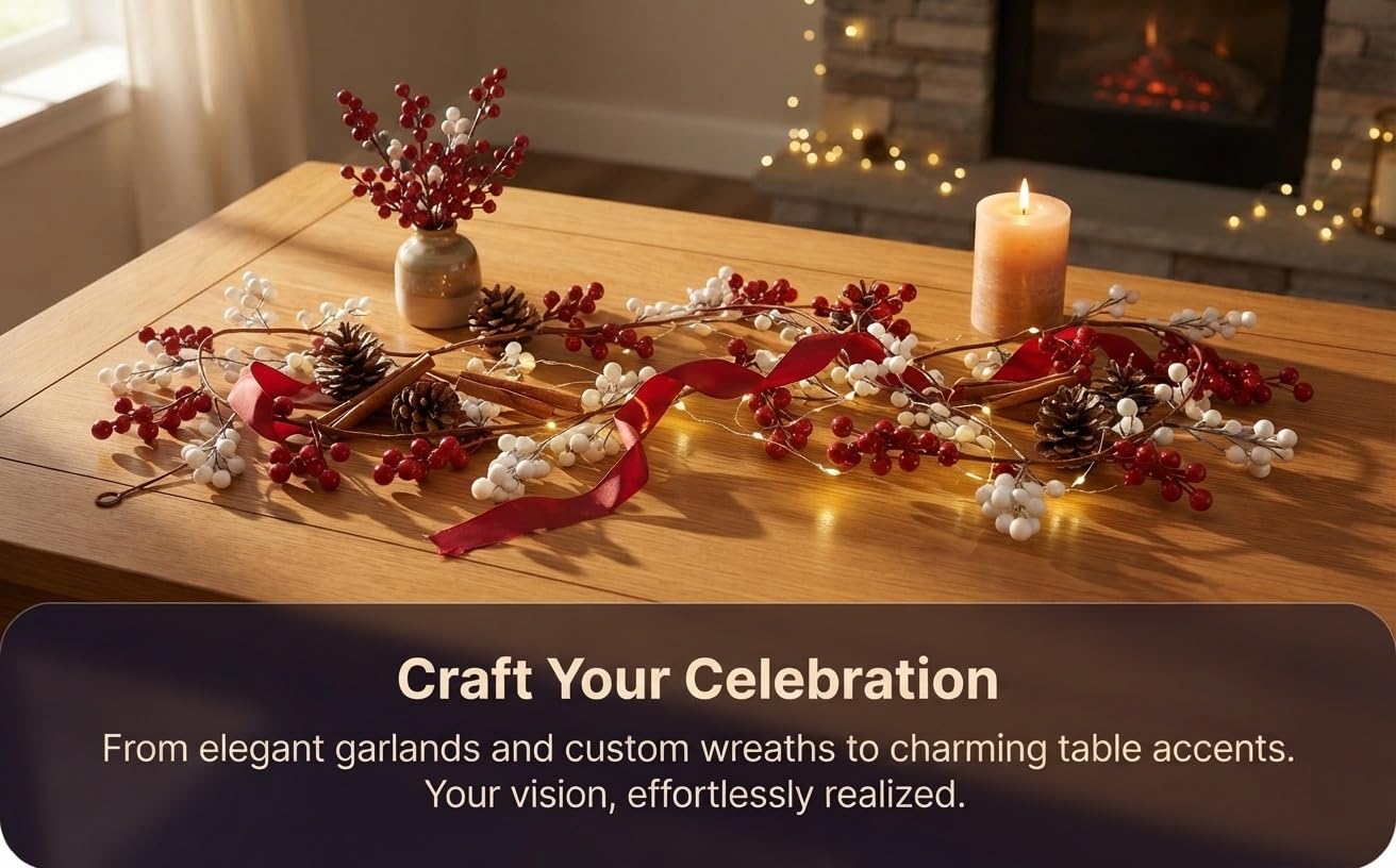 Text reads 'Craft Your Celebration' and 'From elegant garlands and custom wreaths to charming table accents, your vision, effortlessly realized.' Wooden table with burgundy floral arrangements and candles.