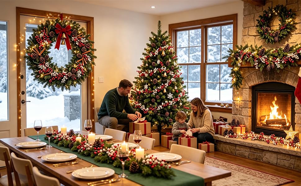 Elegant Christmas dining room with fireplace, garland-decorated mantel, lit Christmas tree, festive table setting with floral centerpiece, warm ambient lighting, residential holiday decorations.