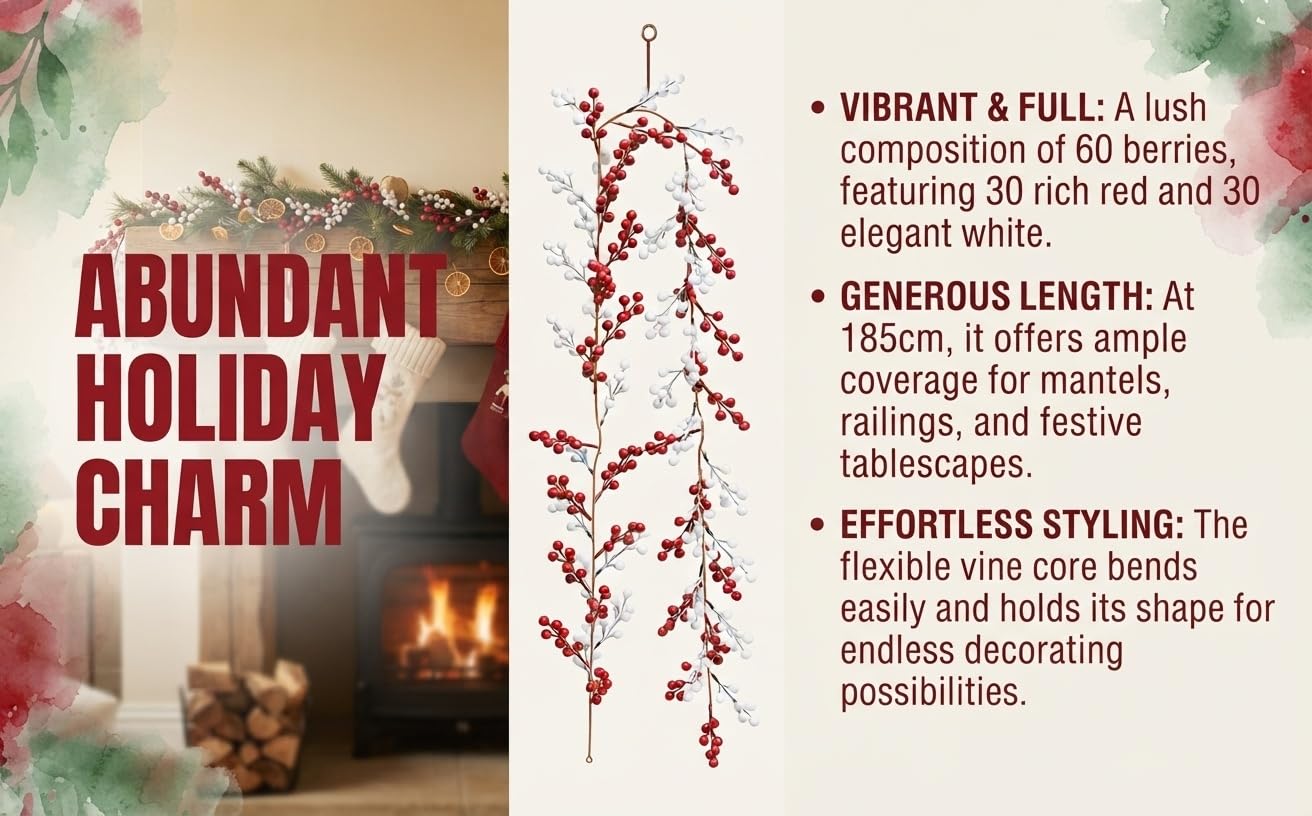 Text reads: 'ABUNDANT HOLIDAY CHARM', 'VIBRANT &amp; FULL: A lush combination of red branches featuring 30 rich red and 30 elegant white', 'GENEROUS LENGTH: At 180cm and offers room for railings, and festive landscapes', 'EFFORTLESS STYLING: The flexible vine core bends beautifully creating endless decorating possibilities'. Red and white holiday garland draped with fireplace background.