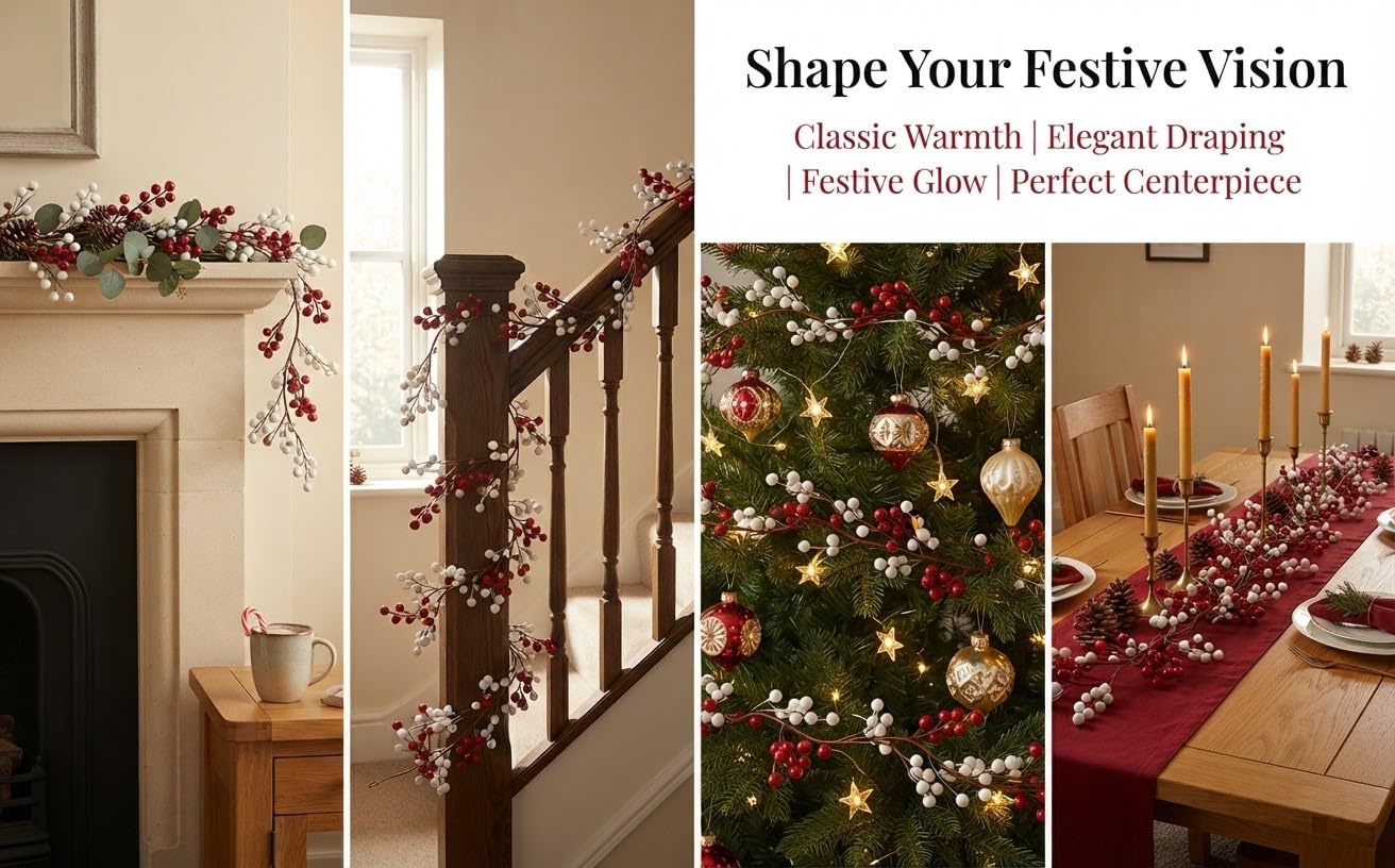 Text reads 'Shape Your Festive Vision', 'Classic Warmth | Elegant Draping | Festive Glow | Perfect Centerpiece'. Four panels showing holiday decorations: staircase garland, decorated tree, and festive table arrangements with candles and greenery.