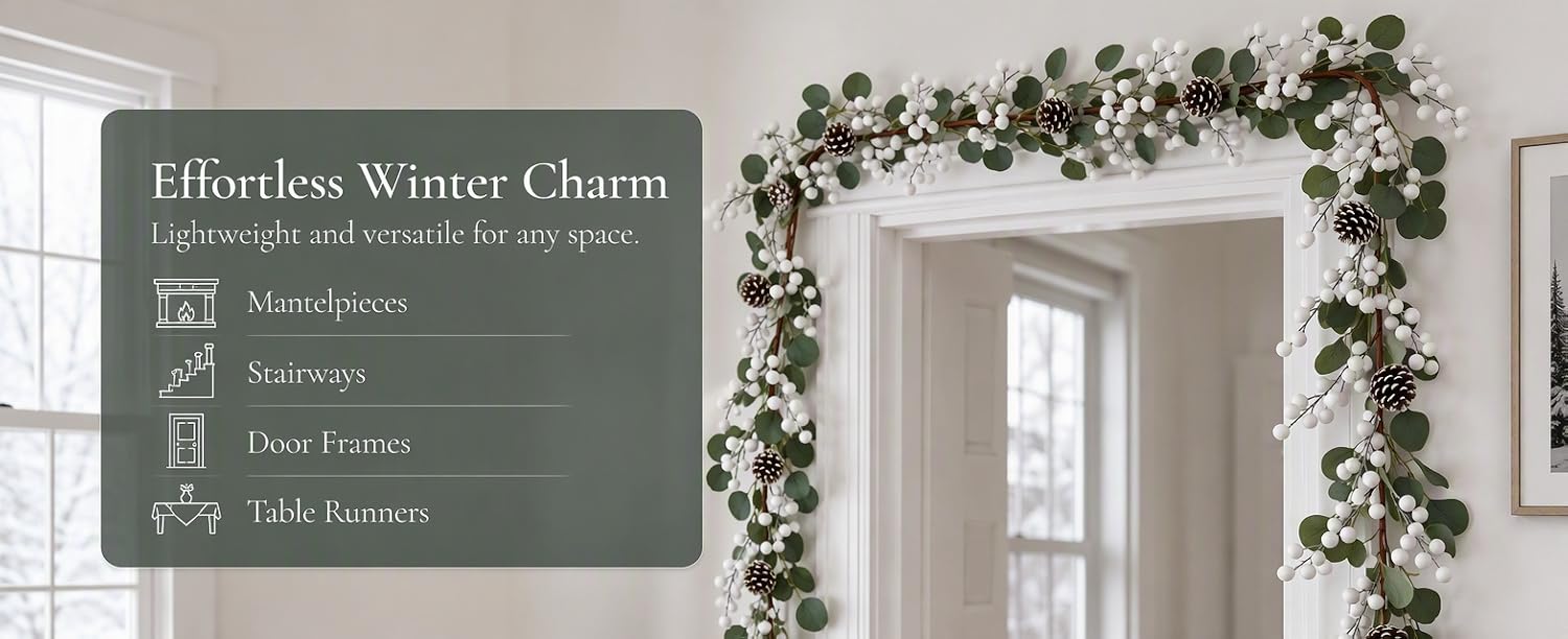 Text reads 'Effortless Winter Charm' with specifications listed. Doorway decorated with green garland and wreaths; gray text box containing product features and winter styling information.