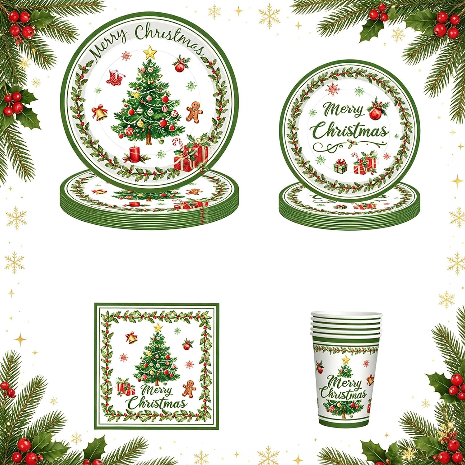 Vidillo 50Pcs Christmas Party Paper Tableware Set for Xmas Party Supplies