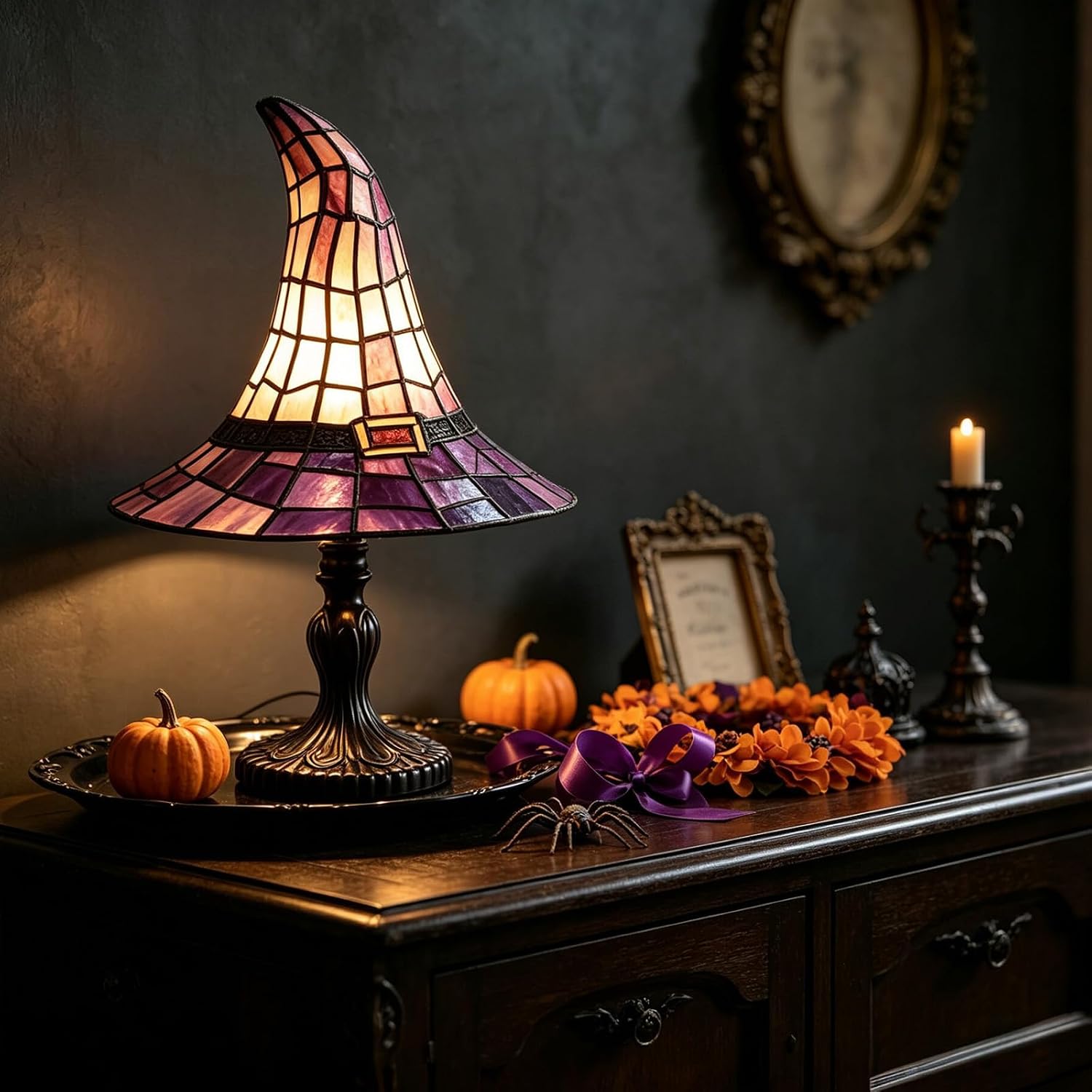 Vidillo Halloween Witch Hat Lamp 30cm USB Powered Resin Witch Lamp for Gift